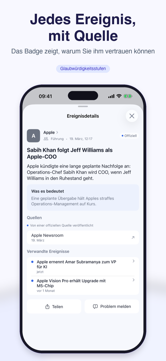 Ereignisdetail: Glaubwürdigkeits-Badge, Verifizierungshinweis und Quellenlinks