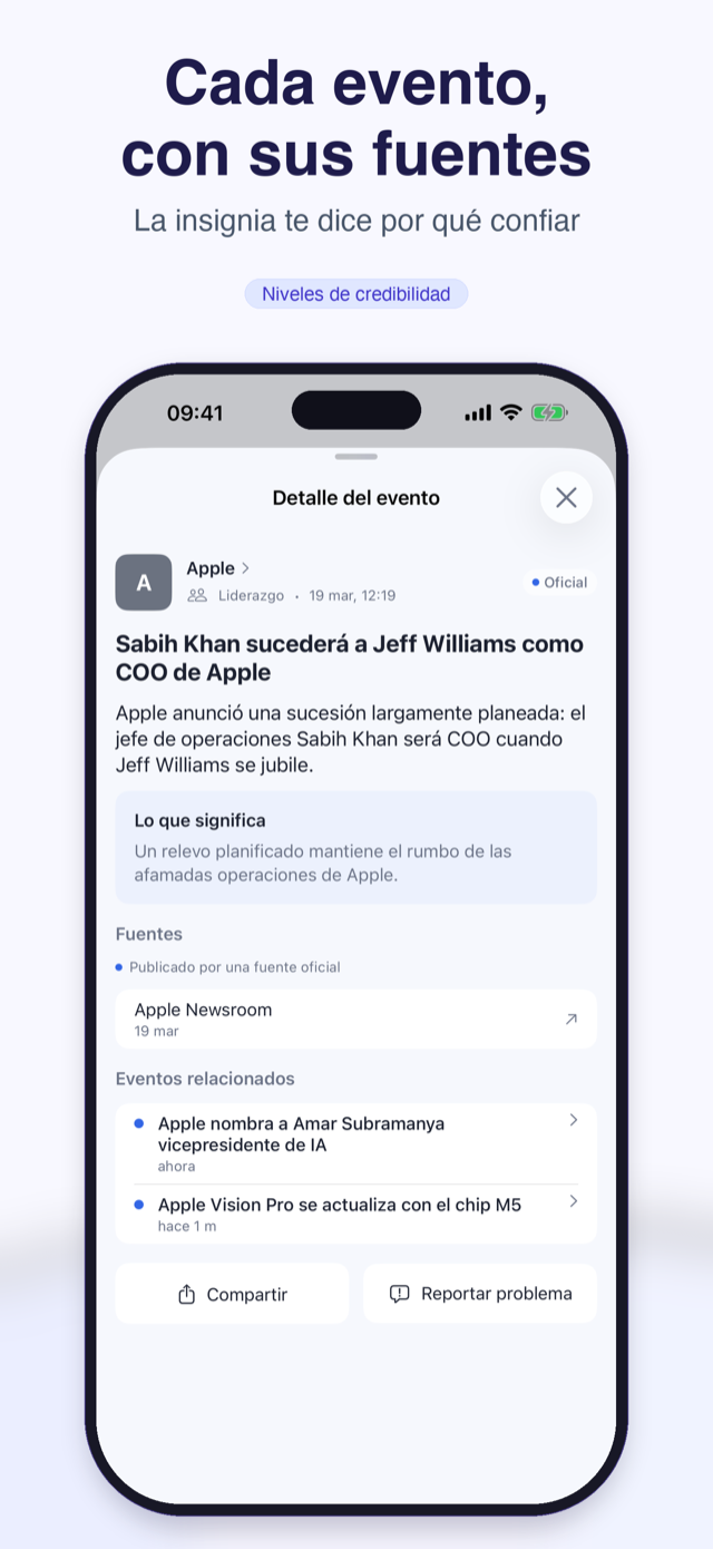 Detalle del evento: insignia de credibilidad, nota de verificación y enlaces a las fuentes