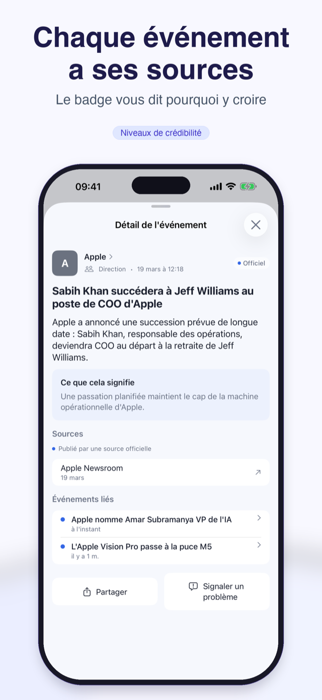 Détail d'un événement : badge de crédibilité, note de vérification et liens vers les sources