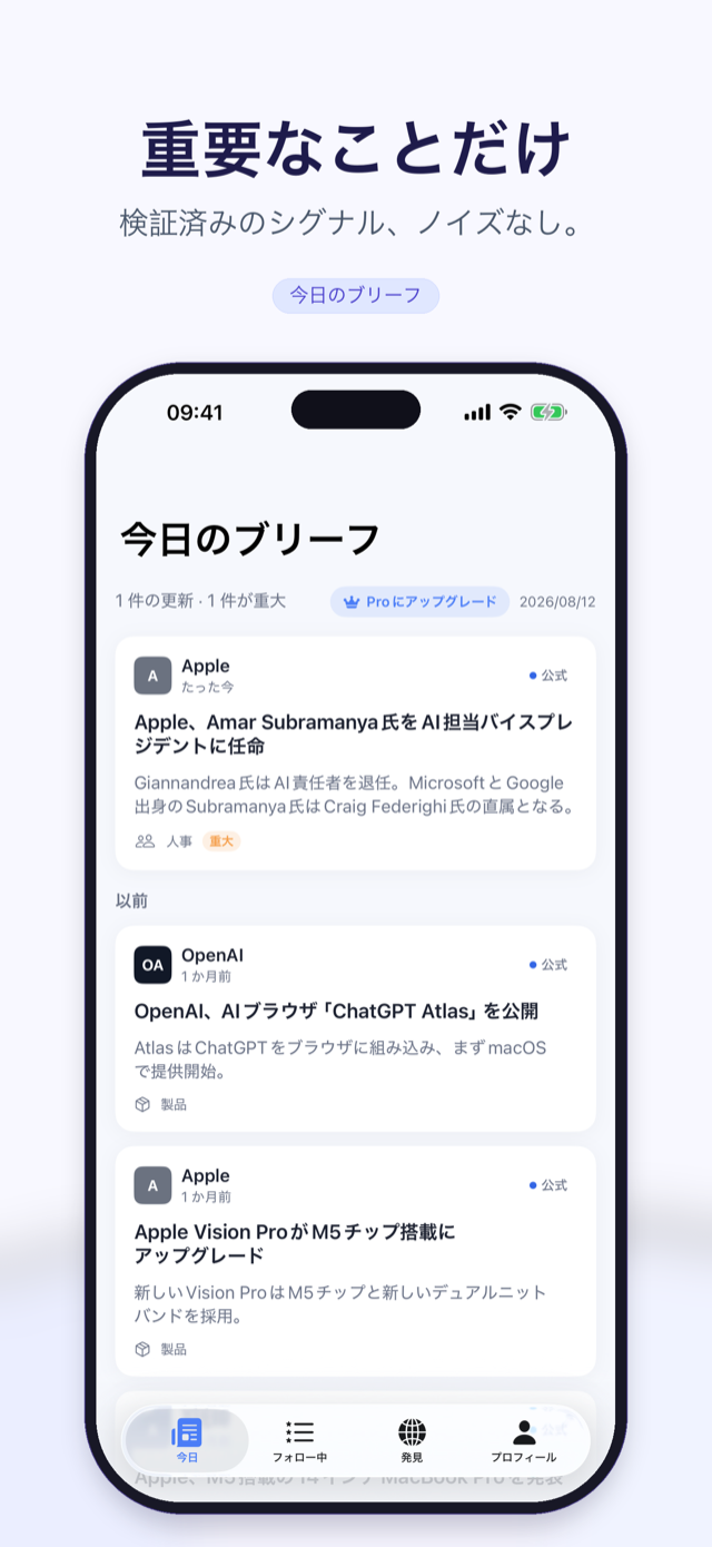 今日のブリーフ: フォロー中の企業の検証済みイベント