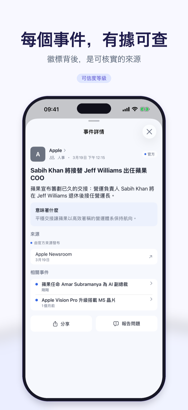 事件詳情：可信度徽章、驗證說明與來源連結